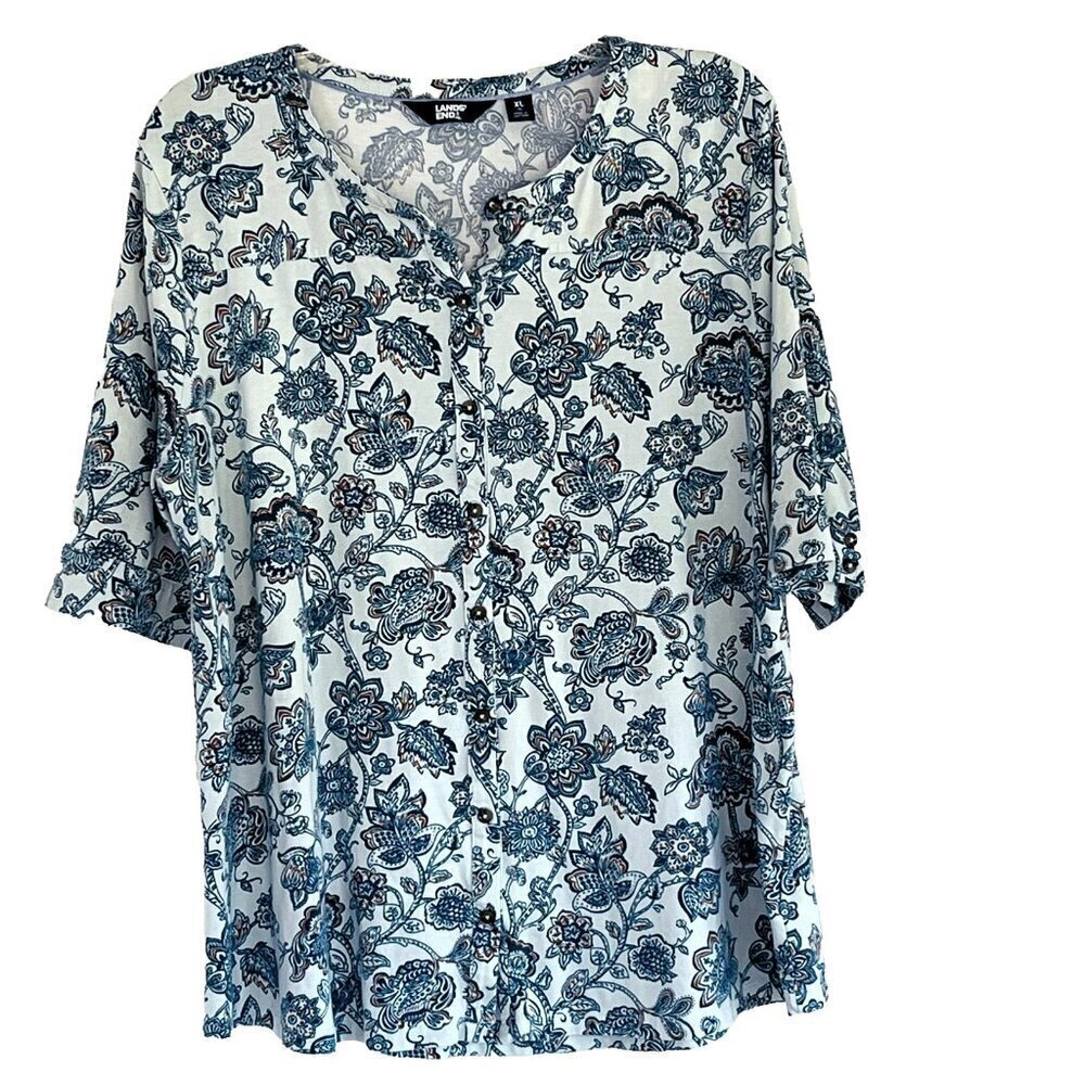 Lands End Womens Button Up Top sz XL Floral Knit Stretch Casual Boho